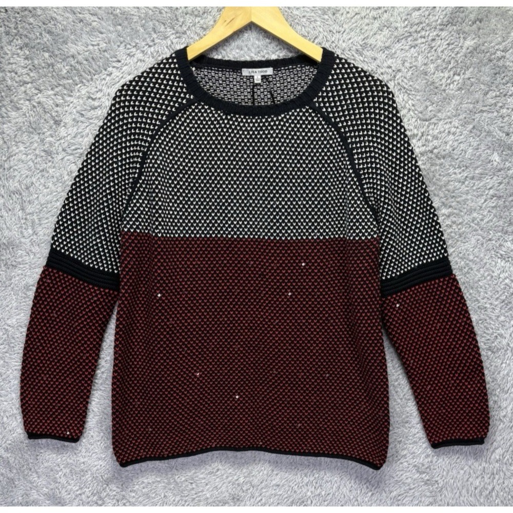 NEW Lisa Todd Womens L Cotton Cashmere Sweater Red Colorblock Sequin Preppy